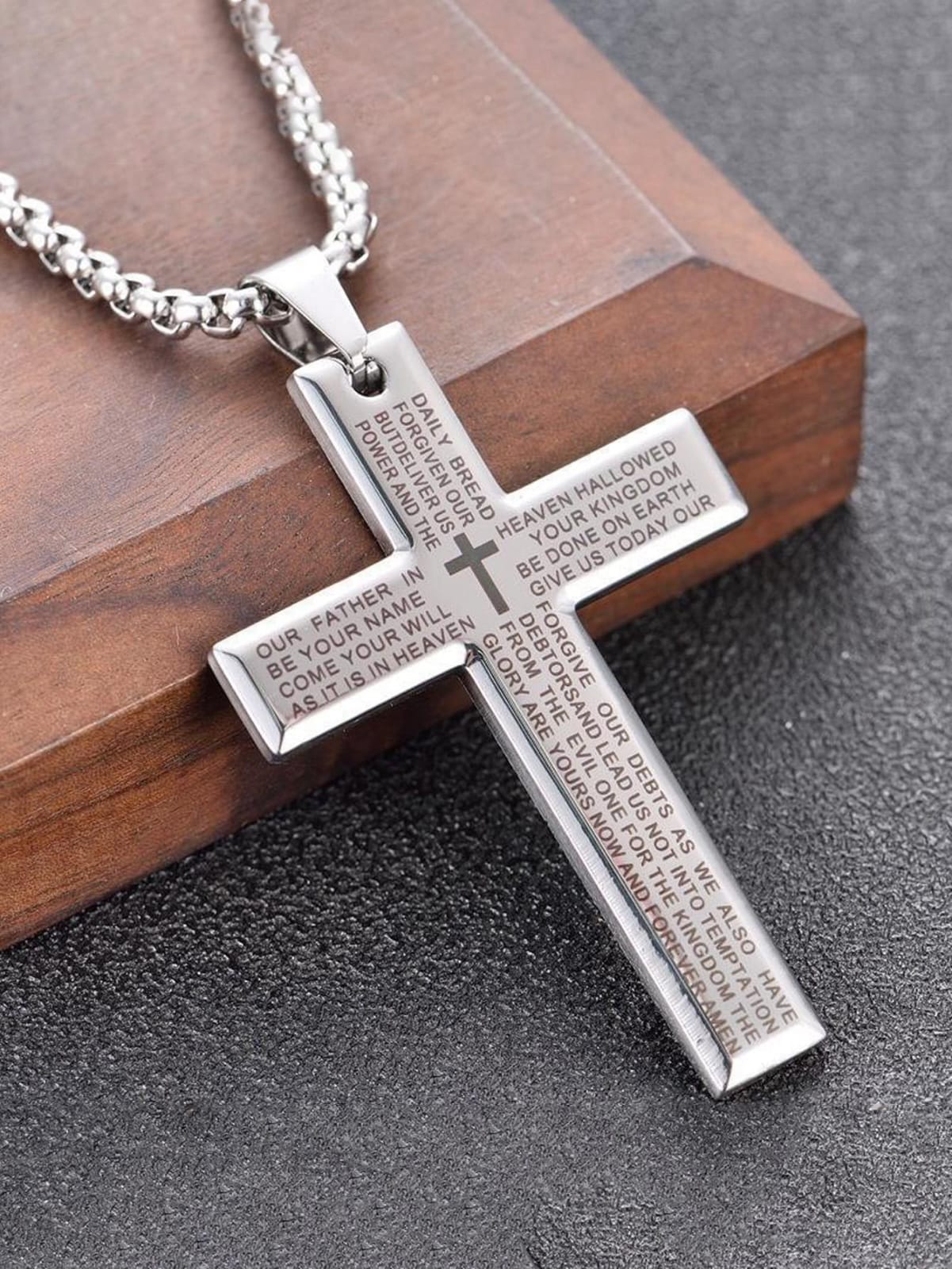 NECKLACE - Cross chain with our Father printed